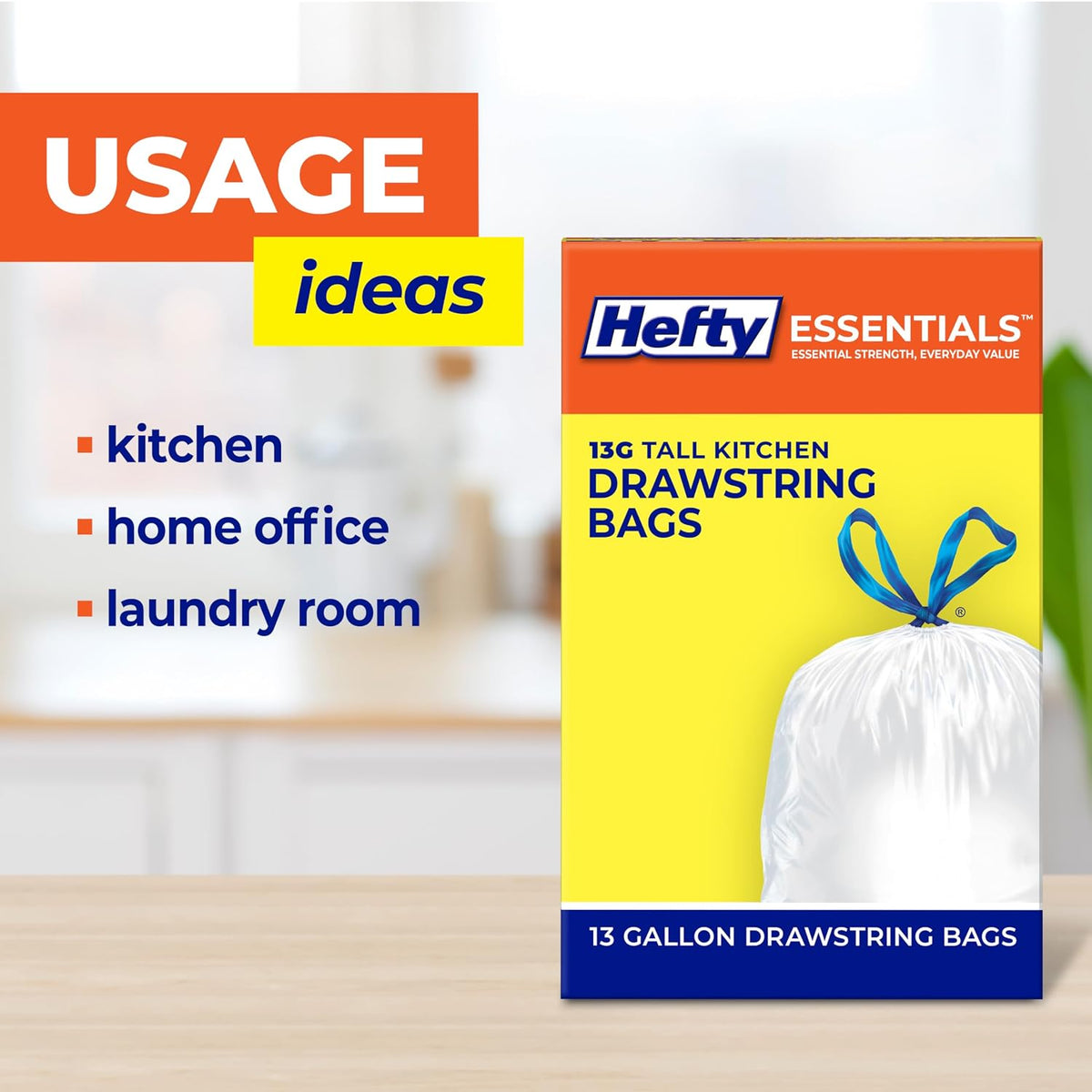 Hefty Essentials 13 Gallon Kitchen Trash Bags, White, Unscented, 120ct