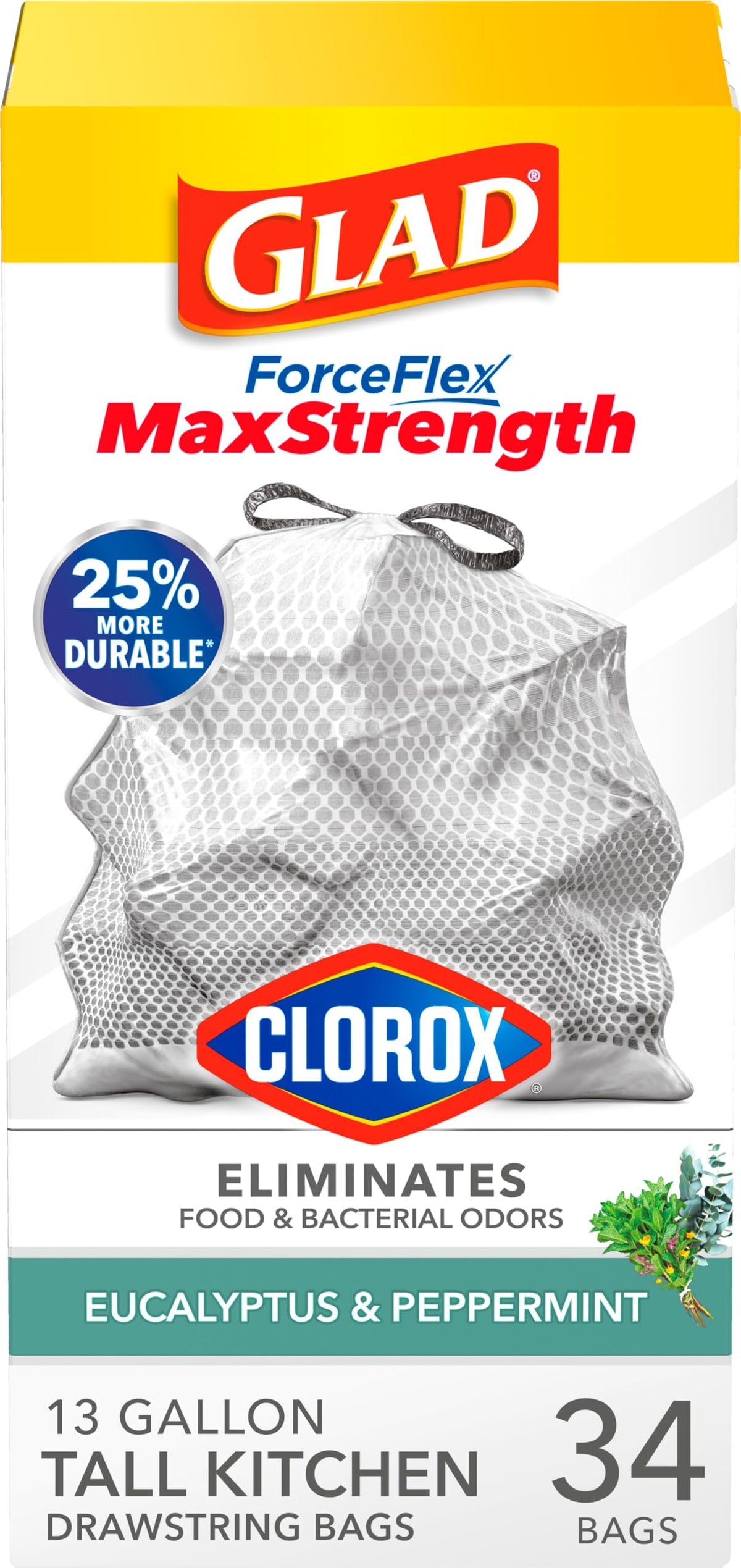 Glad Tall Kitchen Trash Bags 13 Gallon, MaxStrength Cherry Blossom Garbage Bags, Odorshield with Drawstring, 34 Count