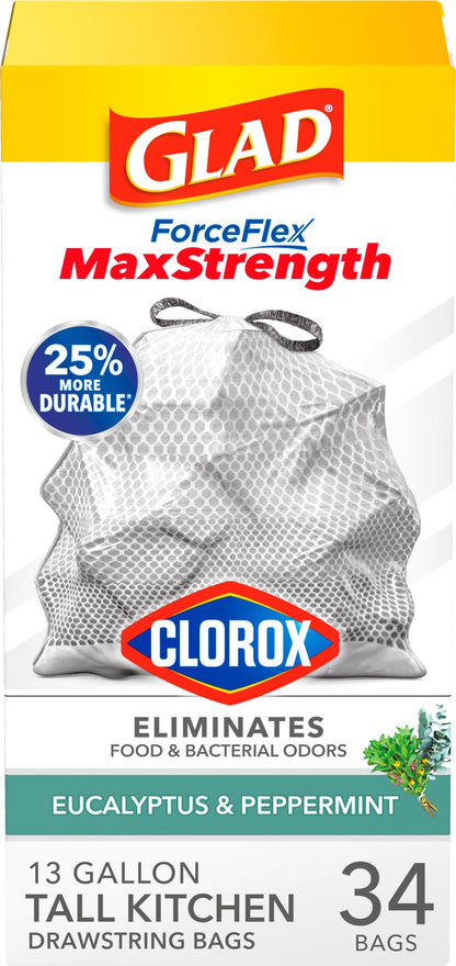 Glad Tall Kitchen Trash Bags 13 Gallon, MaxStrength Cherry Blossom Garbage Bags, Odorshield with Drawstring, 34 Count