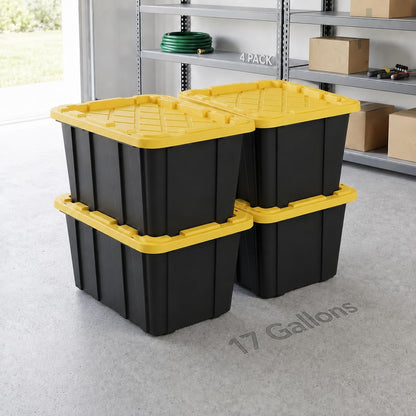 6 Pack 27 Gallon Heavy Duty Storage Bins with Snap Lids, Durable Plastic Storage Totes with Stackable Black Containers & Yellow Latching Covers for Home Garage Moving Organization