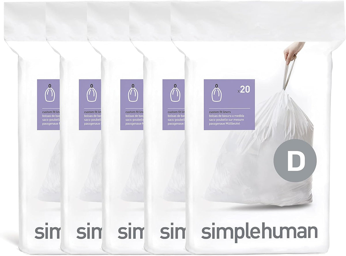 simplehuman Code D 100 Count Custom Fit Liners, Drawstring Kitchen Trash Bags, One-by-One Mess-Free Dispense, Extra Thick & Double Seamed, 50% PCR Plastic, 20 Liter / 5.3 Gallon, White