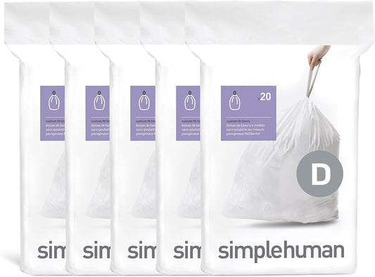 simplehuman Code D 100 Count Custom Fit Liners, Drawstring Kitchen Trash Bags, One-by-One Mess-Free Dispense, Extra Thick & Double Seamed, 50% PCR Plastic, 20 Liter / 5.3 Gallon, White