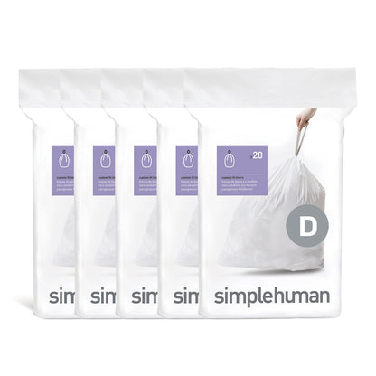 simplehuman Code D 100 Count Custom Fit Liners, Drawstring Kitchen Trash Bags, One-by-One Mess-Free Dispense, Extra Thick & Double Seamed, 50% PCR Plastic, 20 Liter / 5.3 Gallon, White