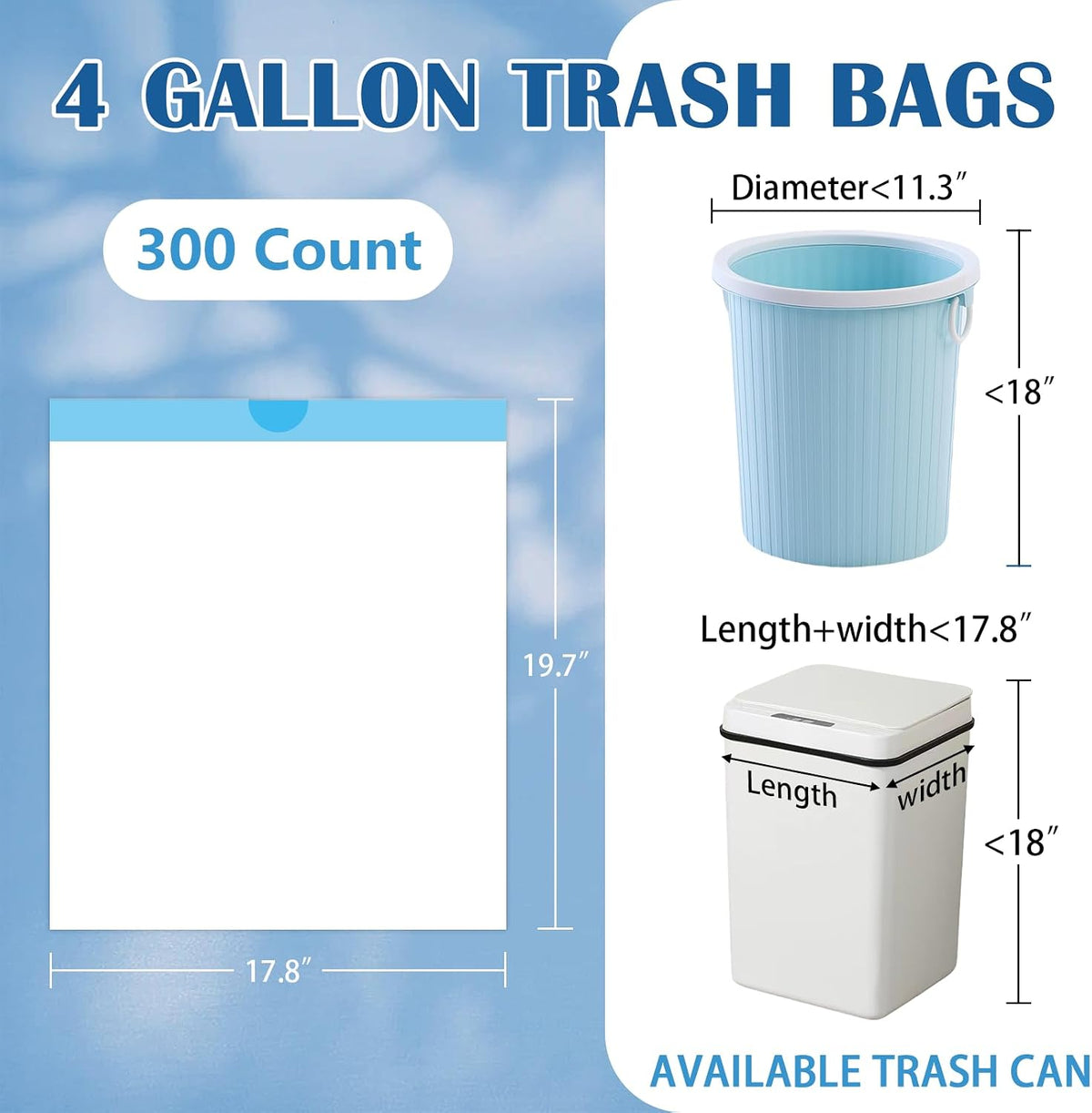 BYSNOW 4 Gallon 300 Counts Small Drawstring Trash Bags, Clear Garbage Bags