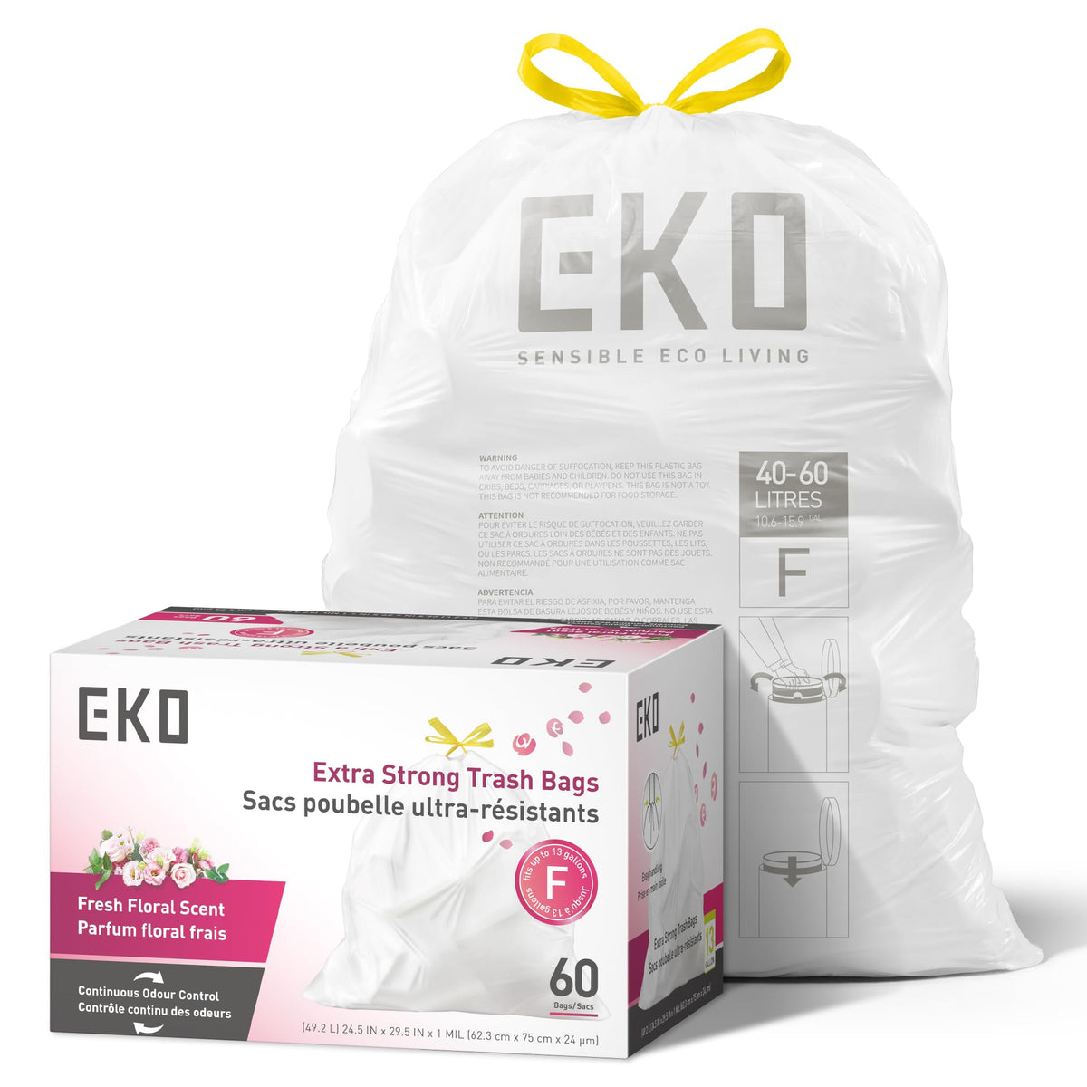 EKO 21 Gallon / 50-90 Liter, 60 Count Drawstring Trash Bags, Extra-Strong Unscented Garbage Bags, Easy-Dispense Roll for Kitchen & Household Use, Code G, White