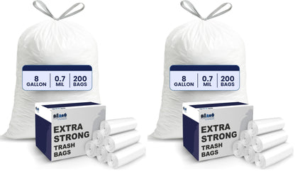 Plasticplace 8 Gallon Trash Bags -White Drawstring Garbage Can Liners - 200 Count - Leak-Resistant and Tear-Proof for Kitchen, Bathroom, Office, and Small Trash Cans 0.7 Mil