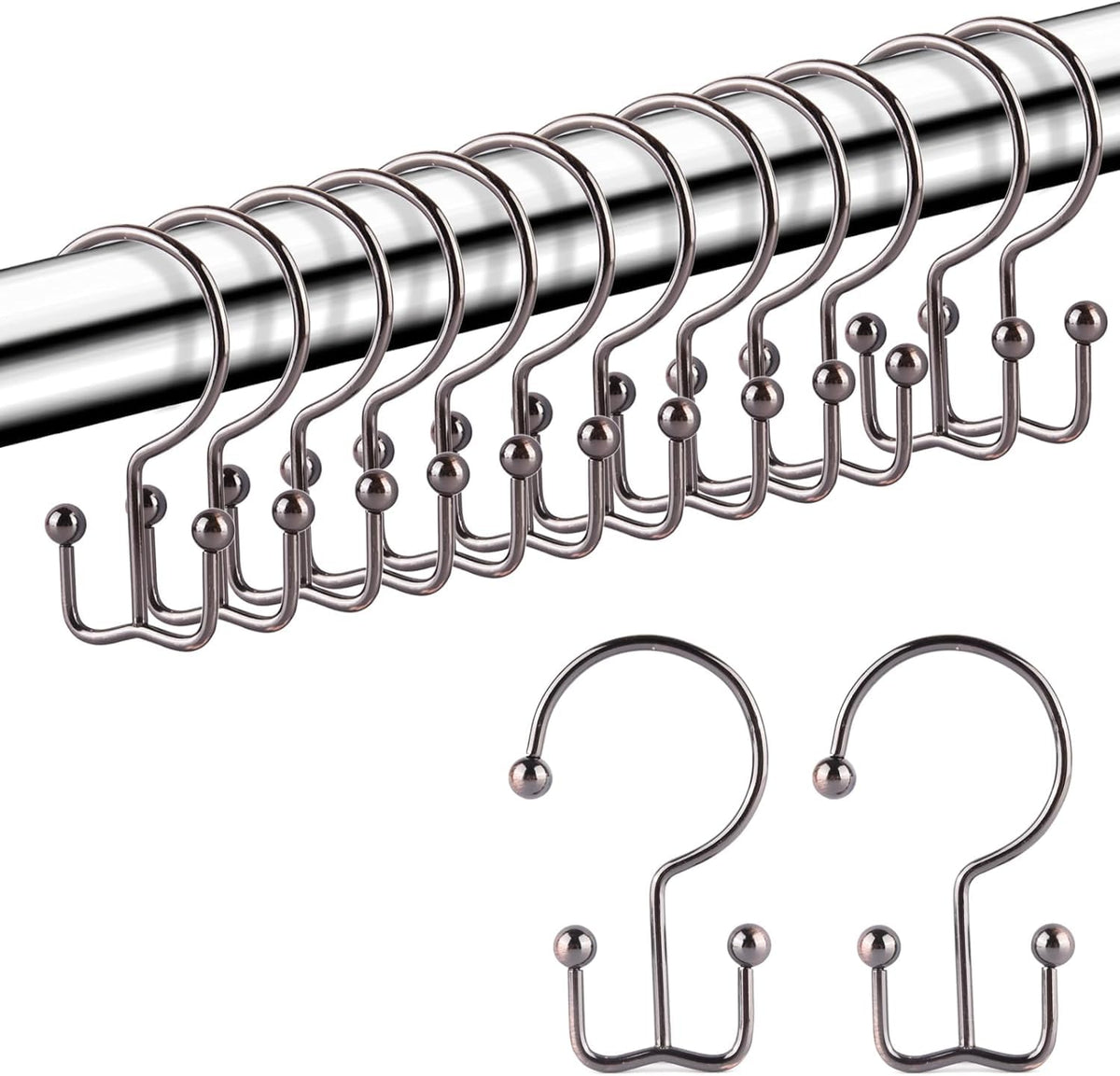 Goowin Shower Curtain Hooks, 12 Pcs Shower Curtain Rings, Durable Rust Proof Black Shower Curtain Hooks, Shower Rings for Curtain, Double Glide Shower Hooks for Shower Curtain Rods, Black