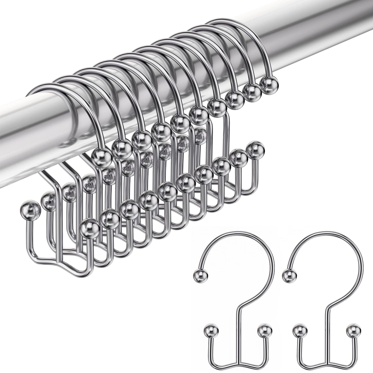 Amazer Shower Curtain Hooks, Decorative Rust Proof Stainless Steel Shower Curtain Hooks for Bathroom Shower Rods Set of 12, Polished Nickel