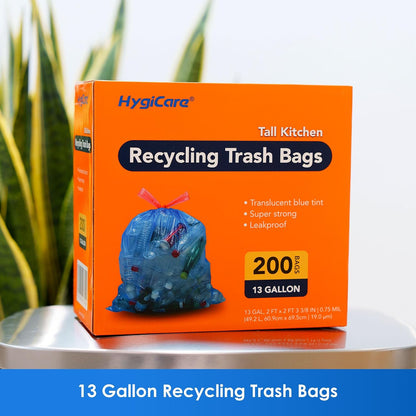 HygiCare 13 Gallon Recycling Trash Bags, Unscented 200 Count Drawstring Tall Kitchen Garbage Bags, Pre-Separated, Ultra Strong, Leakproof, Sturdy, Translucent Blue