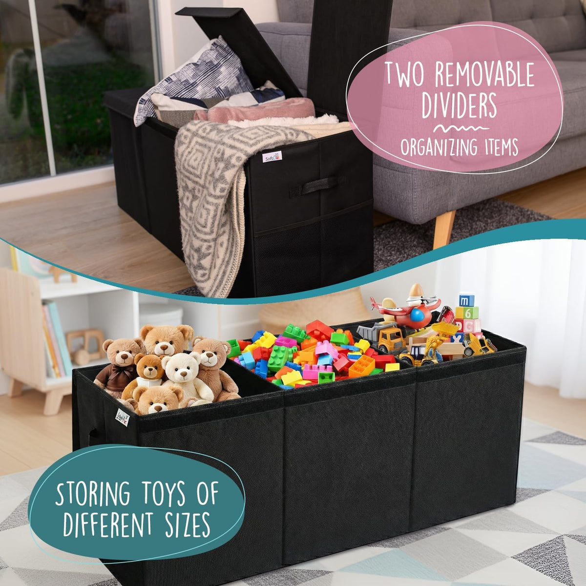 SoftOwl Extra Large Toy Storage Organizer with Lid - Sturdy, Collapsible Toy Chest Storage Box Design - Toys Bin with Dividers for Kids, Nursery, Bedroom, Playroom 37"x16"x14"