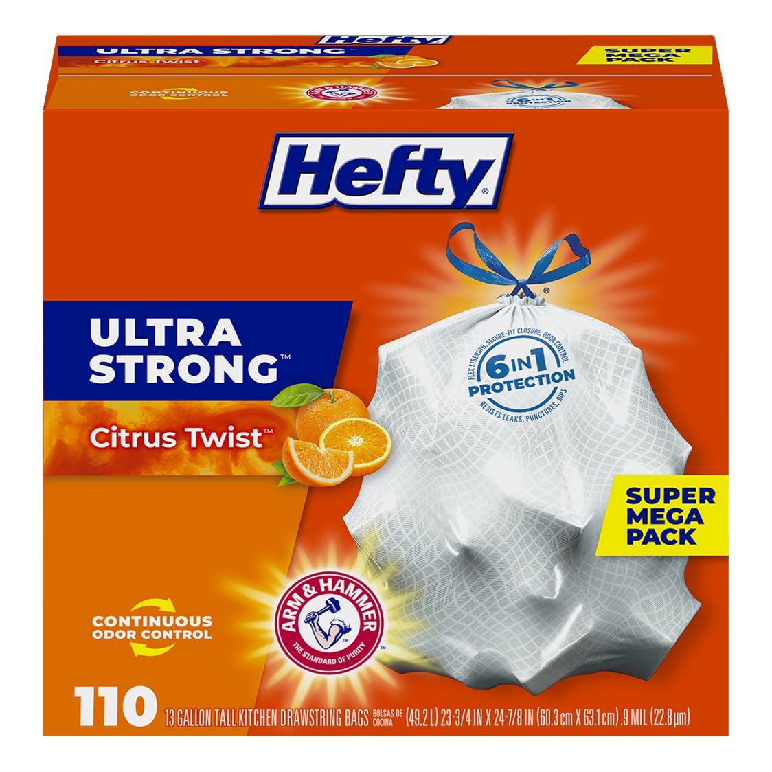 Hefty Ultra Strong 13 Gal Kitchen Trash Bags, White, Citrus Twist, 80ct