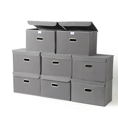 STOREONE Fabric Storage Cube Bins Foldable Organizer Container Collapsible Basket with Lids and Metal Handles, for Home, Bedroom, Closet (Black, 3 Pcs)