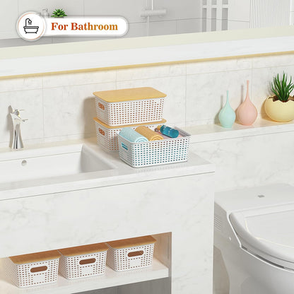 Ohmlove 6 Pack Plastic Storage Baskets with Bamboo Lids for Organization
