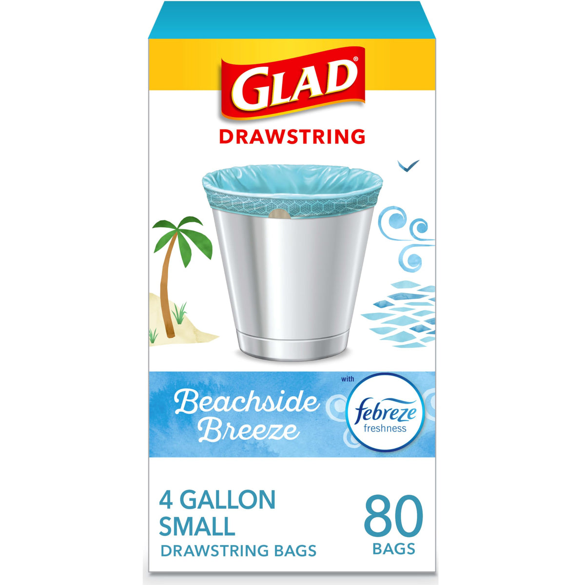Glad Small Trash Bags, Great for Office, Bathrooms and Bedroom Bins, Beachside Breeze Scented Garbage Bags, Odor Resistant with Drawstring, Febreze Freshness, 4 Gallon Trash Bags, 80 Count