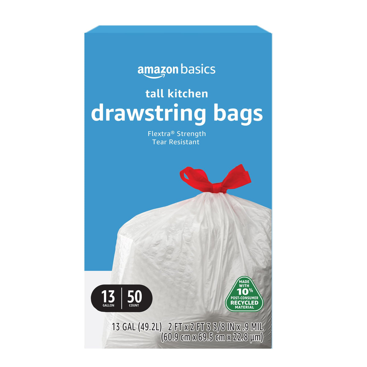Amazon Basics 13 Gallon Tall Kitchen Drawstring Trash Bags, Flextra Strength, Tear Resistant, 10% Post Consumer Recycled, 120 Count