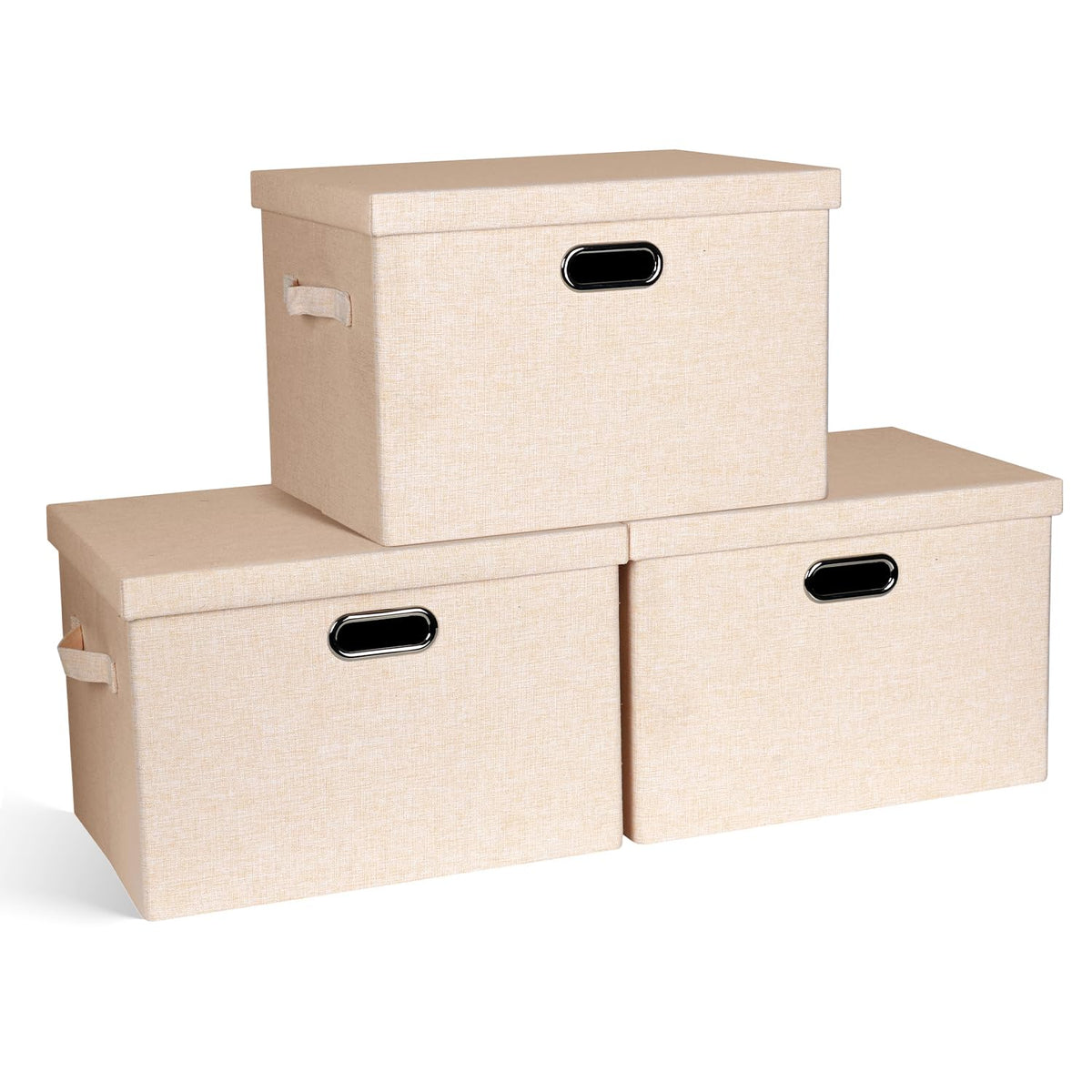 Graciadeco Large Quart Collapsible Stackable Storage Bins with Lids, 3 Packs Beige Linen Fabric Closet Boxes with Lids, Storage Cube Baskets Container Organizers for Bedroom Office(16.6 x 11.7 x 10.8)
