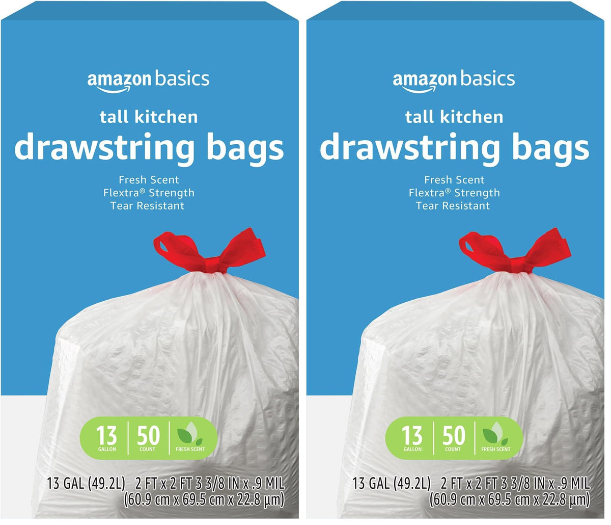 Amazon Basics Trash Bags, Tall Kitchen Drawstring, Unscented, 13 Gallon, 120 Count, Pack of 1, Packaging May Vary