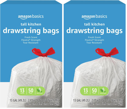 Amazon Basics Trash Bags, Tall Kitchen Drawstring, Unscented, 13 Gallon, 120 Count, Pack of 1, Packaging May Vary