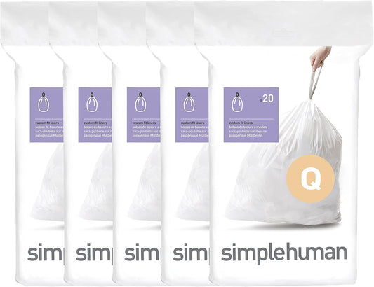 simplehuman Code Q 100 Count Custom Fit Liners, Drawstring Kitchen Trash Bags, One-by-One Mess-Free Dispense, Extra Thick & Double Seamed, 50% PCR Plastic, 50-65 Liter / 13-17 Gallon, White