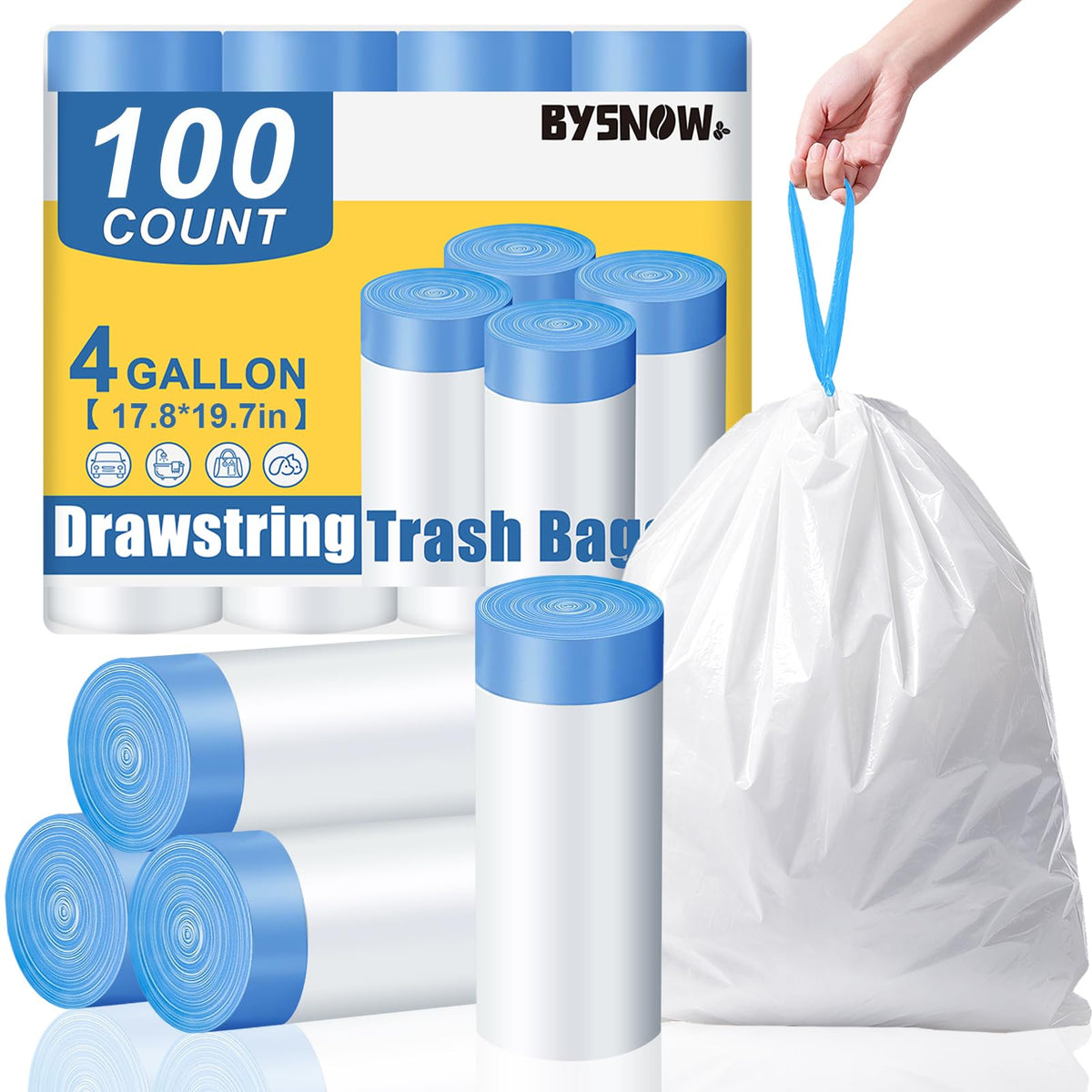 BYSNOW 4 Gallon 300 Counts Small Drawstring Trash Bags, Clear Garbage Bags