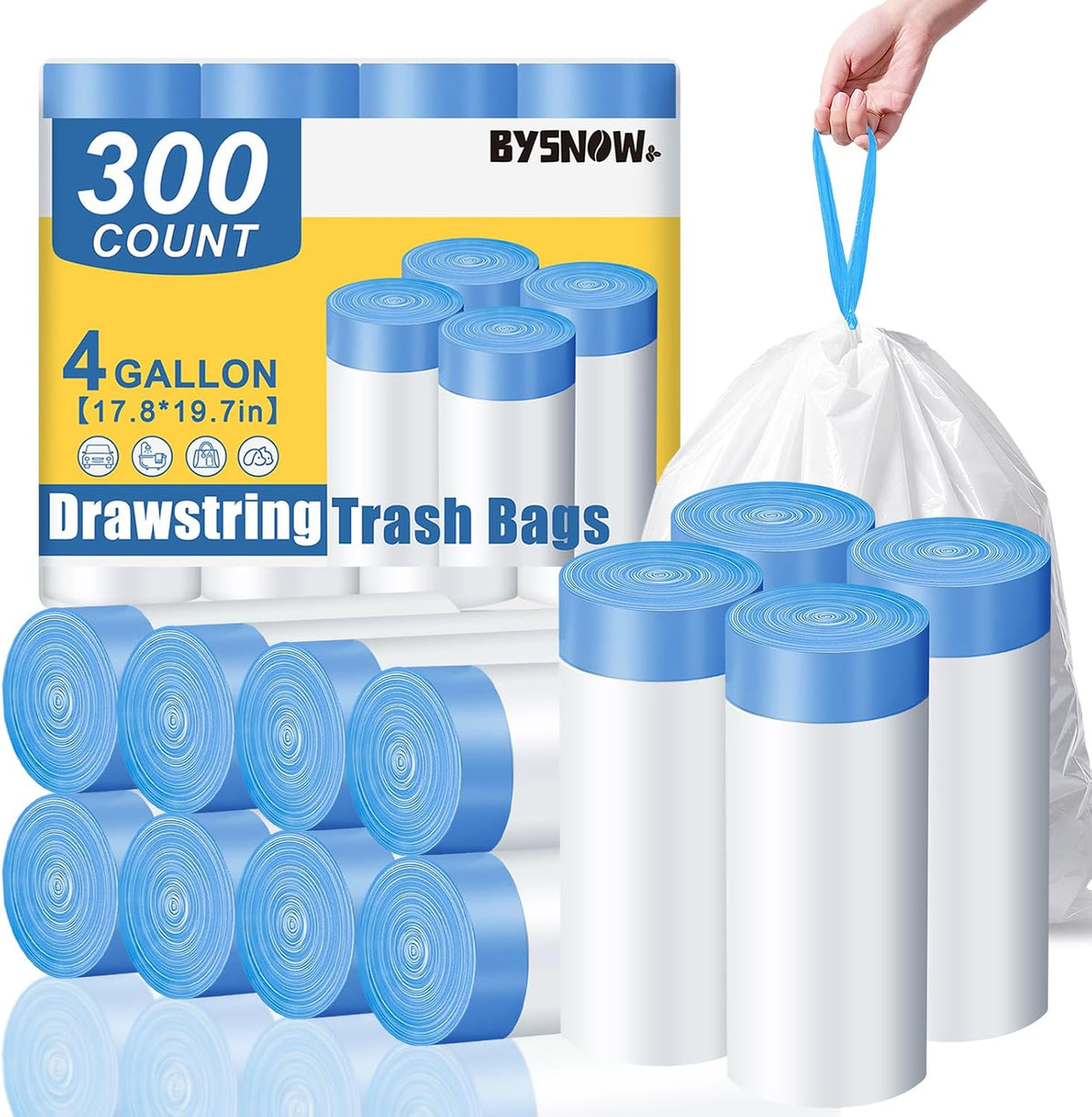 BYSNOW 4 Gallon 300 Counts Small Drawstring Trash Bags, Clear Garbage Bags