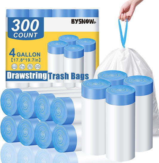 BYSNOW 4 Gallon 300 Counts Small Drawstring Trash Bags, Clear Garbage Bags