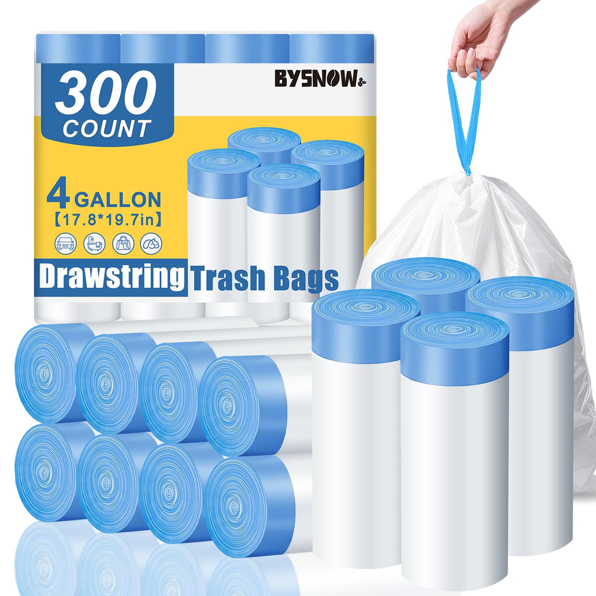 BYSNOW 4 Gallon 300 Counts Small Drawstring Trash Bags, Clear Garbage Bags