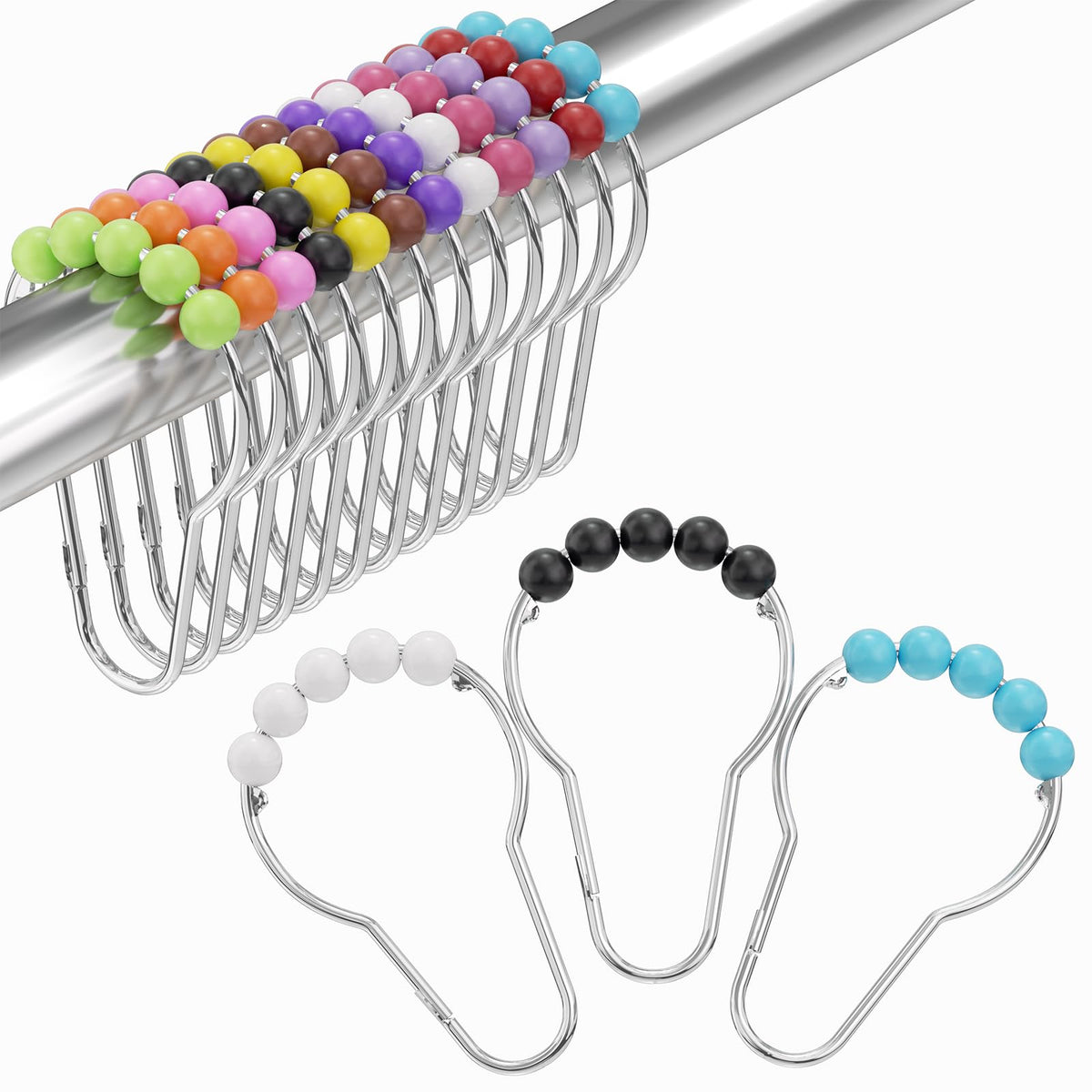 Amazer Shower Curtain Hooks, Decorative Rust Proof Stainless Steel Shower Curtain Hooks for Bathroom Shower Rods Set of 12, Polished Nickel