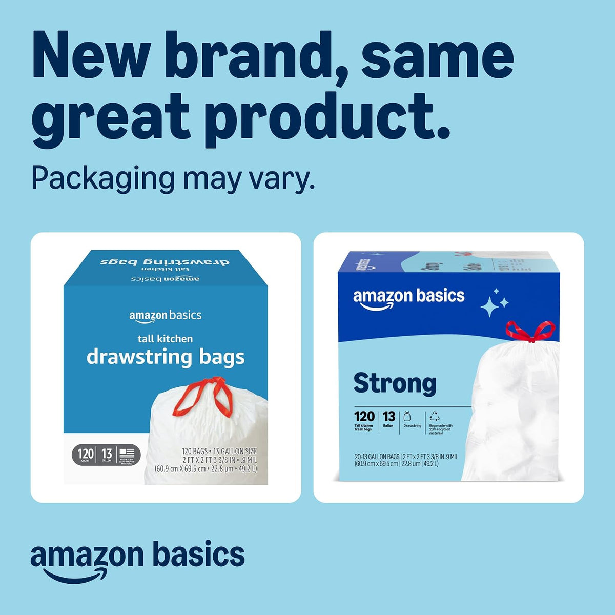 Amazon Basics Trash Bags, Tall Kitchen Drawstring, Unscented, 13 Gallon, 120 Count, Pack of 1, Packaging May Vary