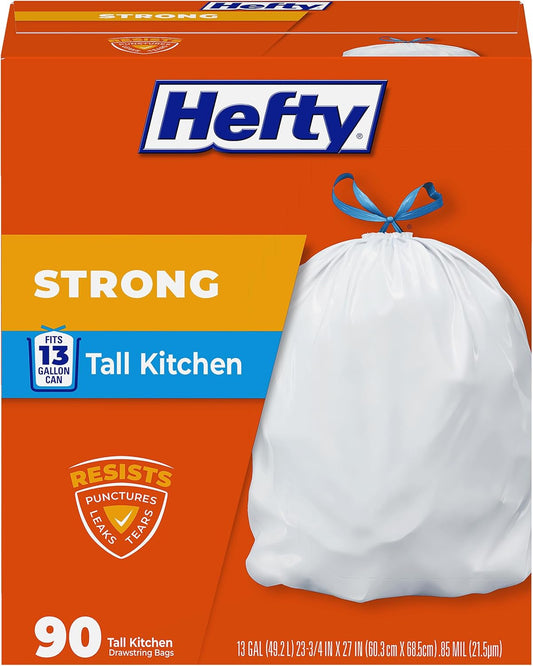 Hefty Strong 13G Tall Kitchen Trash Bags, White, Unscented, 90ct