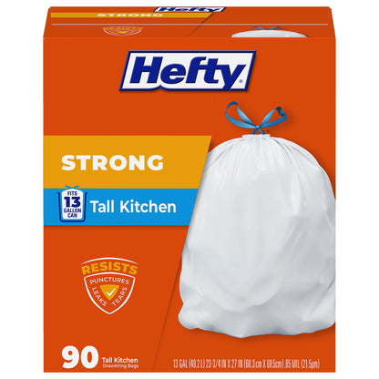 Hefty Strong 13G Tall Kitchen Trash Bags, White, Unscented, 90ct