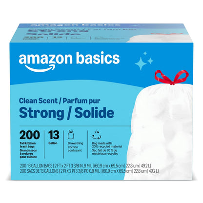 Amazon Basics Scented Trash Bags, Tall Kitchen Drawstring, Clean Scent, 13 Gallon, 200 Count, Pack of 1, Packaging May Vary
