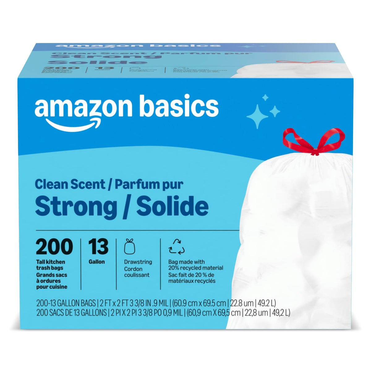 Amazon Basics Scented Trash Bags, Tall Kitchen Drawstring, Clean Scent, 13 Gallon, 200 Count, Pack of 1, Packaging May Vary