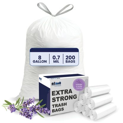 Plasticplace 8 Gallon Trash Bags -White Drawstring Garbage Can Liners - 200 Count - Leak-Resistant and Tear-Proof for Kitchen, Bathroom, Office, and Small Trash Cans 0.7 Mil