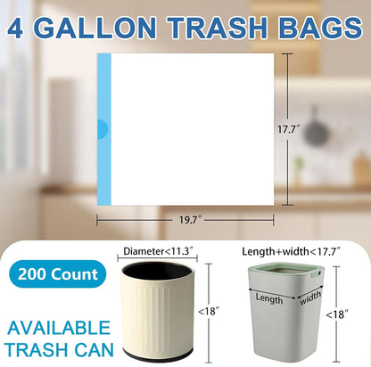 BYSNOW 4 Gallon 200 Counts Small Trash Bags, White Drawstring Garbage Bags