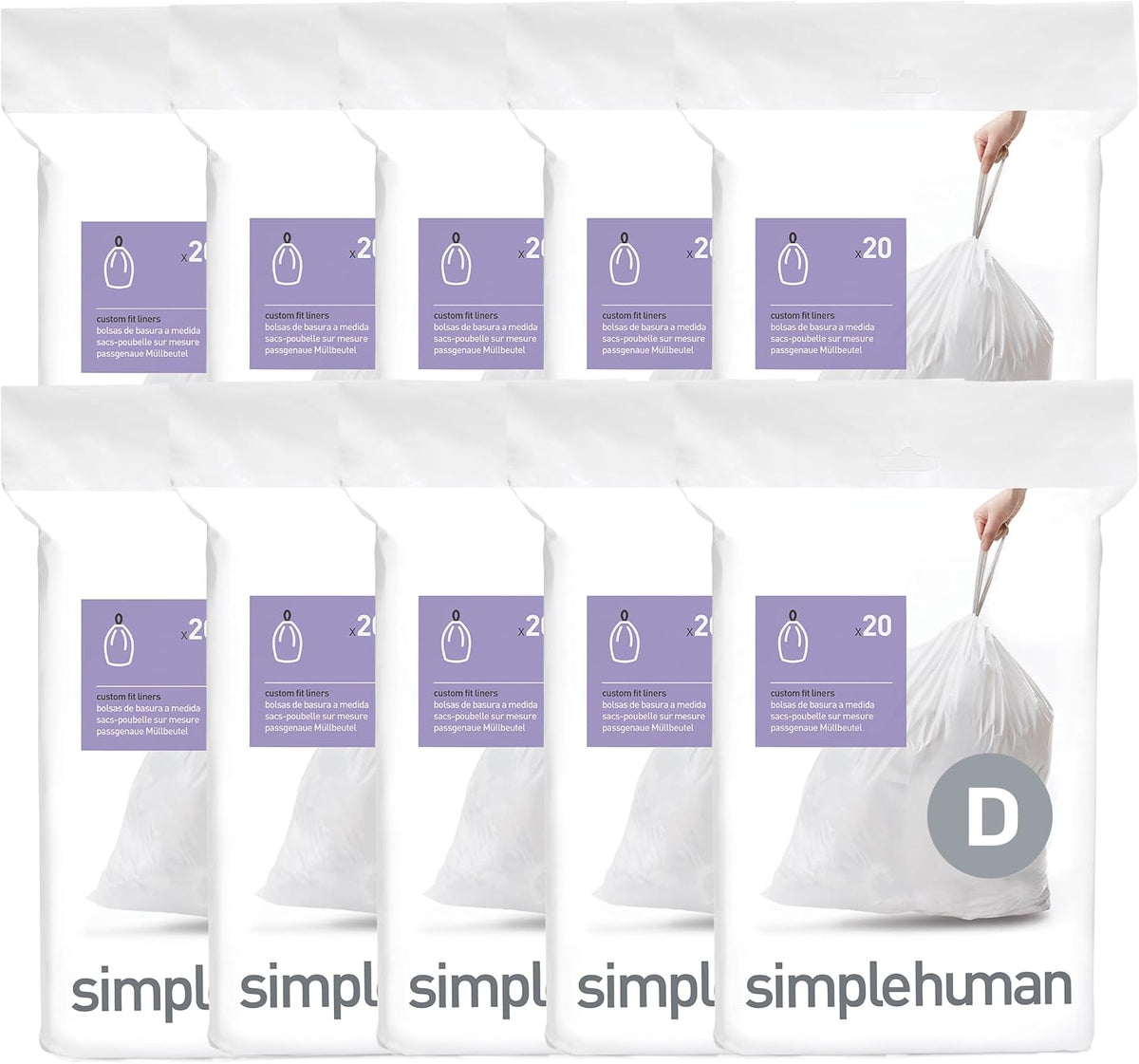 simplehuman Code D 100 Count Custom Fit Liners, Drawstring Kitchen Trash Bags, One-by-One Mess-Free Dispense, Extra Thick & Double Seamed, 50% PCR Plastic, 20 Liter / 5.3 Gallon, White
