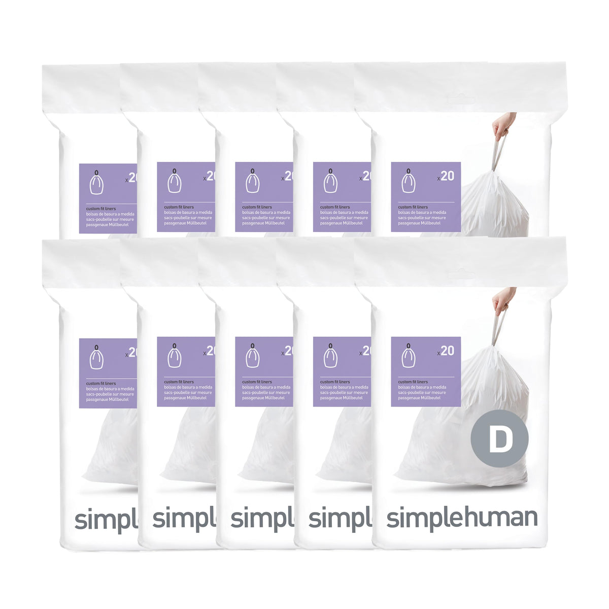 simplehuman Code D 100 Count Custom Fit Liners, Drawstring Kitchen Trash Bags, One-by-One Mess-Free Dispense, Extra Thick & Double Seamed, 50% PCR Plastic, 20 Liter / 5.3 Gallon, White