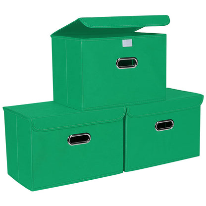 STOREONE Fabric Storage Cube Bins Foldable Organizer Container Collapsible Basket with Lids and Metal Handles, for Home, Bedroom, Closet (Black, 3 Pcs)