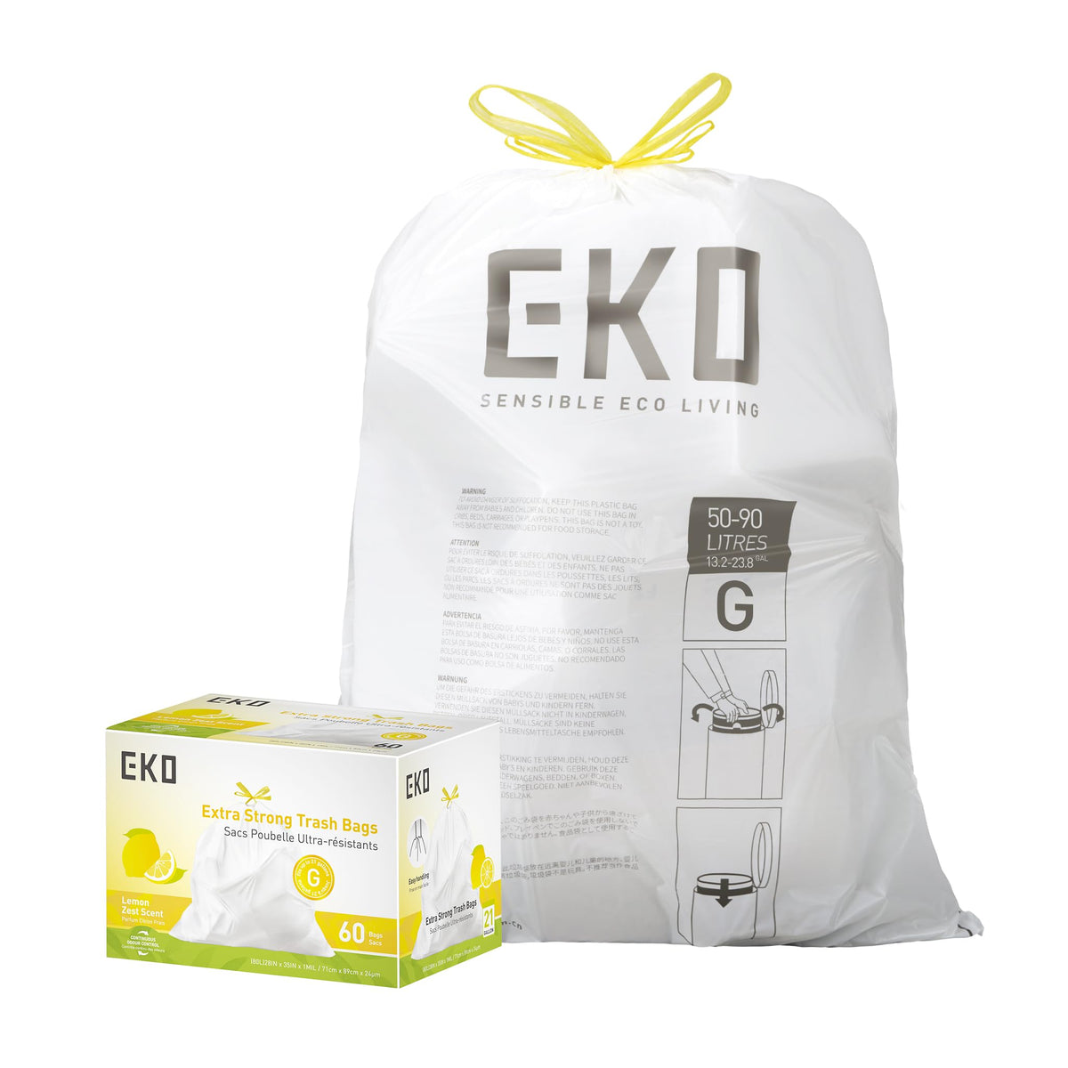 EKO 21 Gallon / 50-90 Liter, 60 Count Drawstring Trash Bags, Extra-Strong Unscented Garbage Bags, Easy-Dispense Roll for Kitchen & Household Use, Code G, White