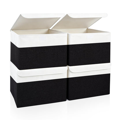 Bagnizer Large 17" 42 Quarts Collapsible Stackable Storage Bins with Lids [3-Pack] Foldable Fabric Linen Storage Boxes Cube, Closet Organizer Baskets with Label (16.7 x 12 x 12, Black)