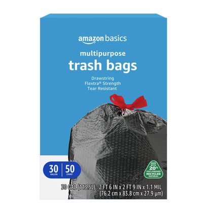 Amazon Basics 30 Gallon Flextra Strength Multipurpose Drawstring Trash Bags, 20% Post Consumer Recycled Material, Tear Resistant, Black, 50 Count