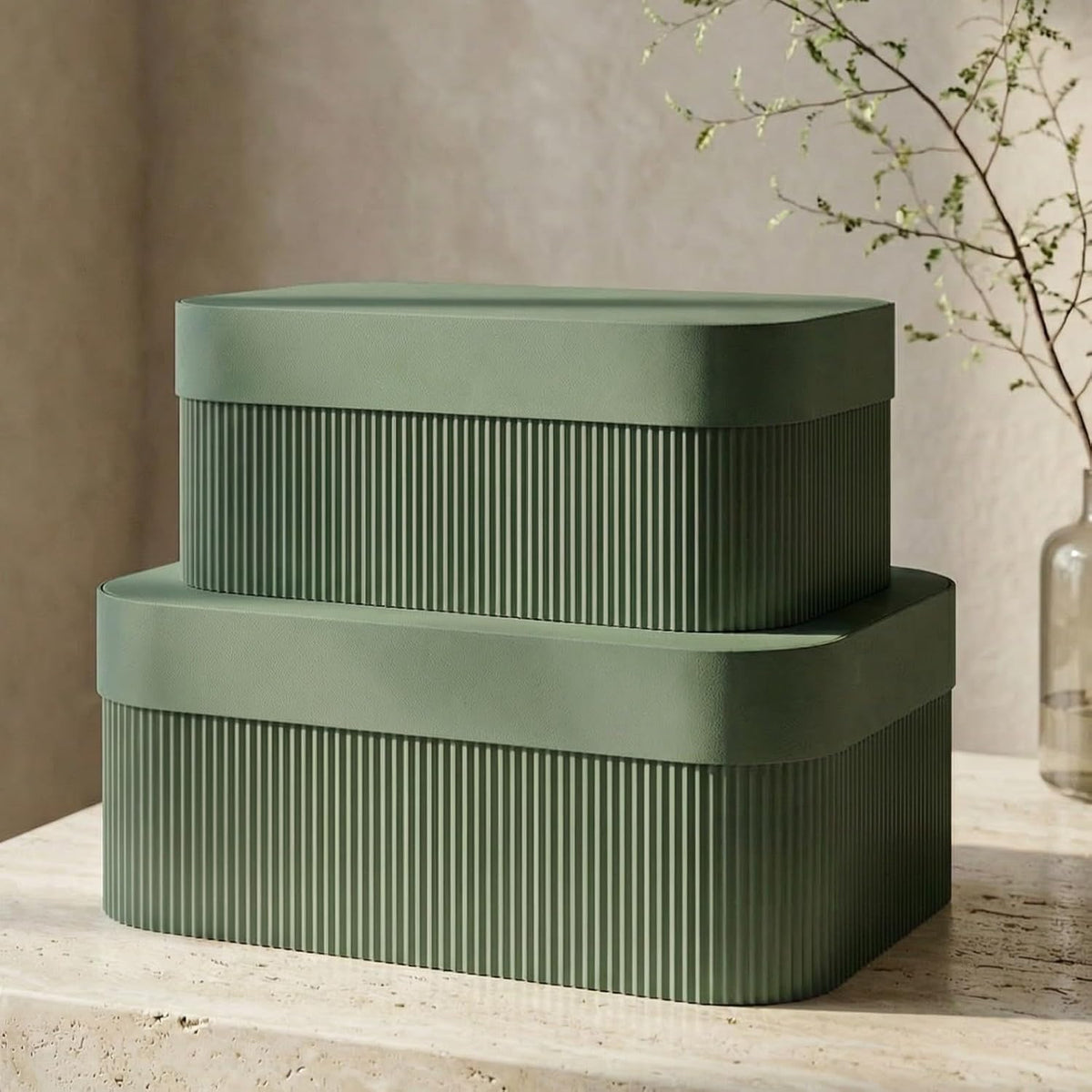 Decorative Storage Boxes with Lids - Set of 2 Fluted Photo Organizer Bins