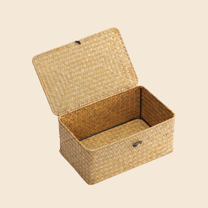 Nonam Wicker Storage Basket with Lid,Seagrass Shelf Basket Set of 3,Nautral