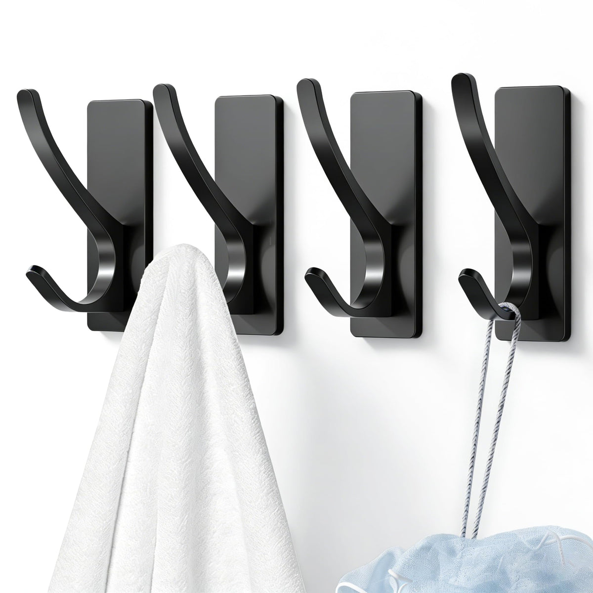Self Adhesive Towel Hooks: Extra Strong 13LB, Stainless Hook for Hanging Loofah, Towels, Coat, Bath Robe Bathroom Shower, Brushed Nickel, 4 Pack