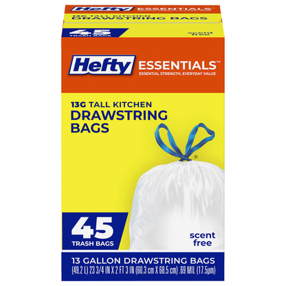 Hefty Essentials 13 Gallon Kitchen Trash Bags, White, Unscented, 120ct