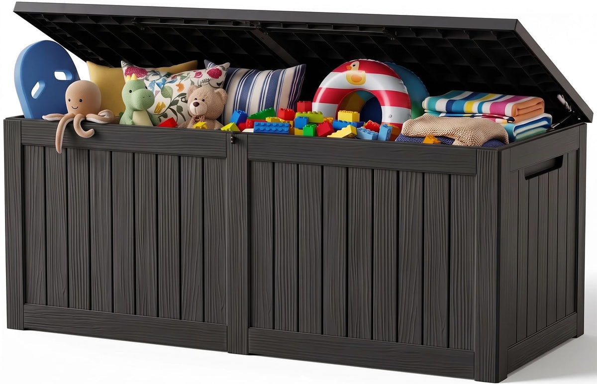 Outdoor Storage Box, 360 Gallon Waterproof Resin Deck Box with Support Rod