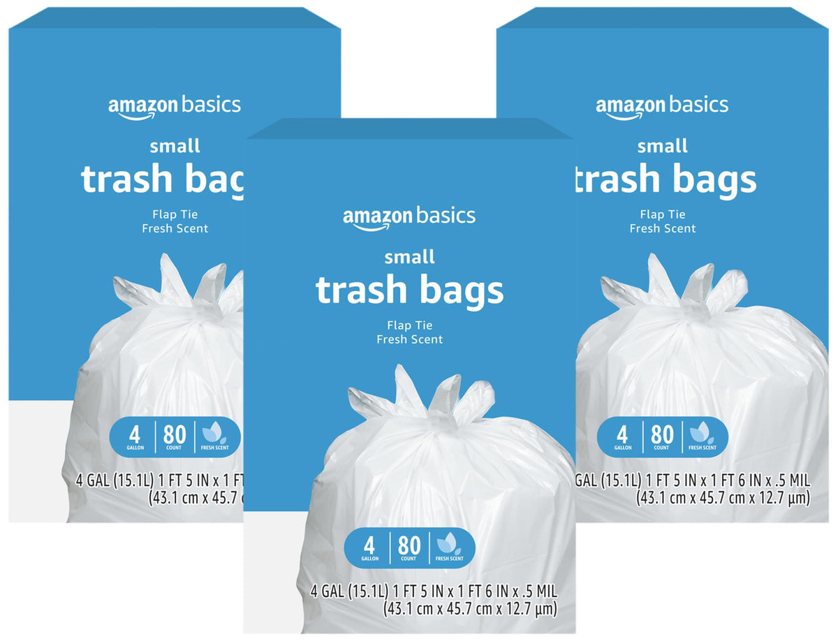 Amazon Basics Small 4 Gallon Trash Bags with Flap Ties, Fresh Scent, Odor Control, 0.5 mil Thick, 80 Count