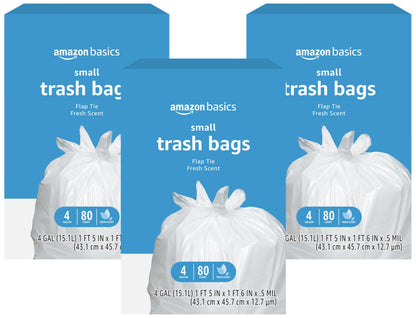 Amazon Basics Small 4 Gallon Trash Bags with Flap Ties, Fresh Scent, Odor Control, 0.5 mil Thick, 80 Count