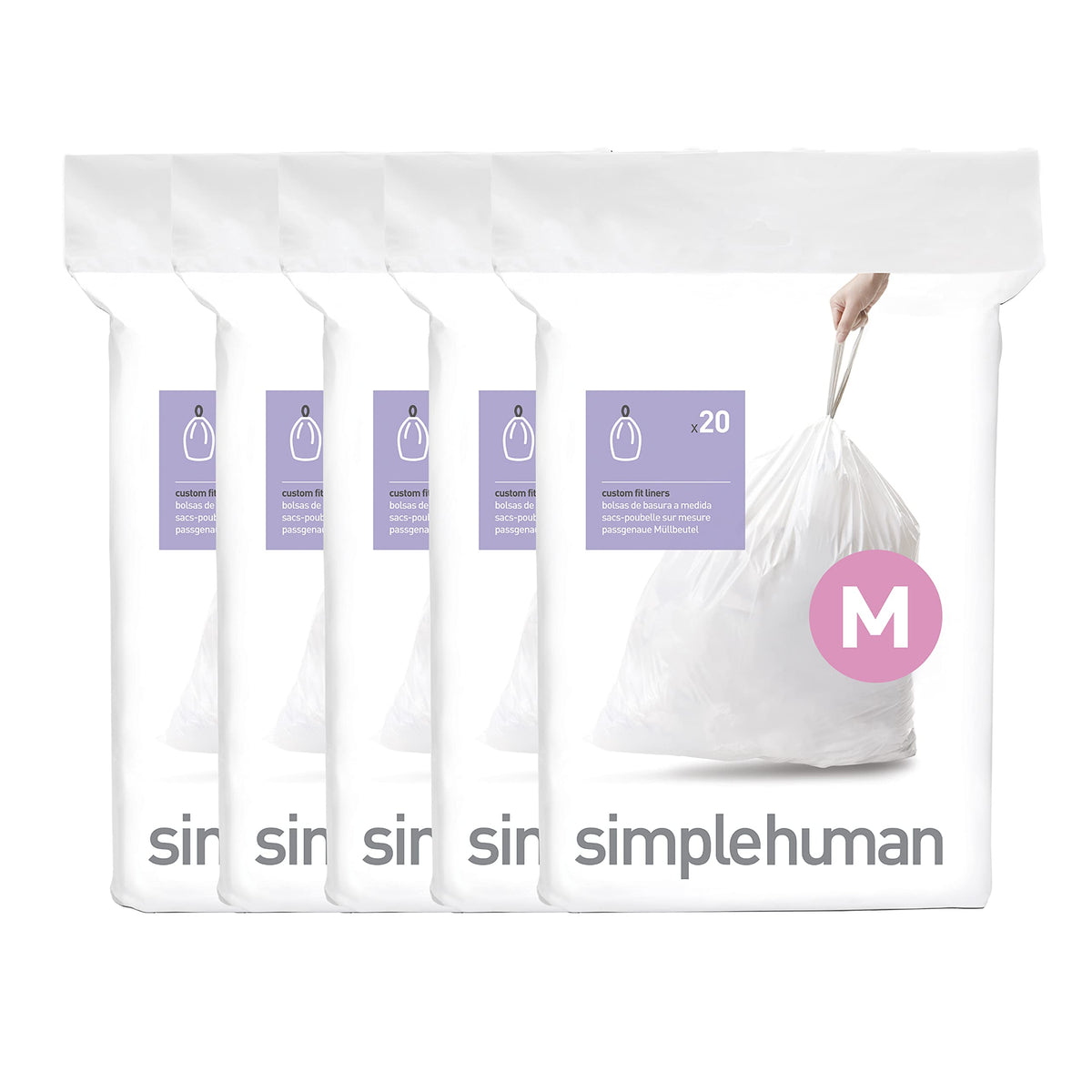 simplehuman Code M 60 Count Custom Fit Liners, Drawstring Kitchen Trash Bags, One-by-One Mess-Free Dispense, Extra Thick & Double Seamed, 50% PCR Plastic, 40-45 Liter / 11-12 Gallon, White