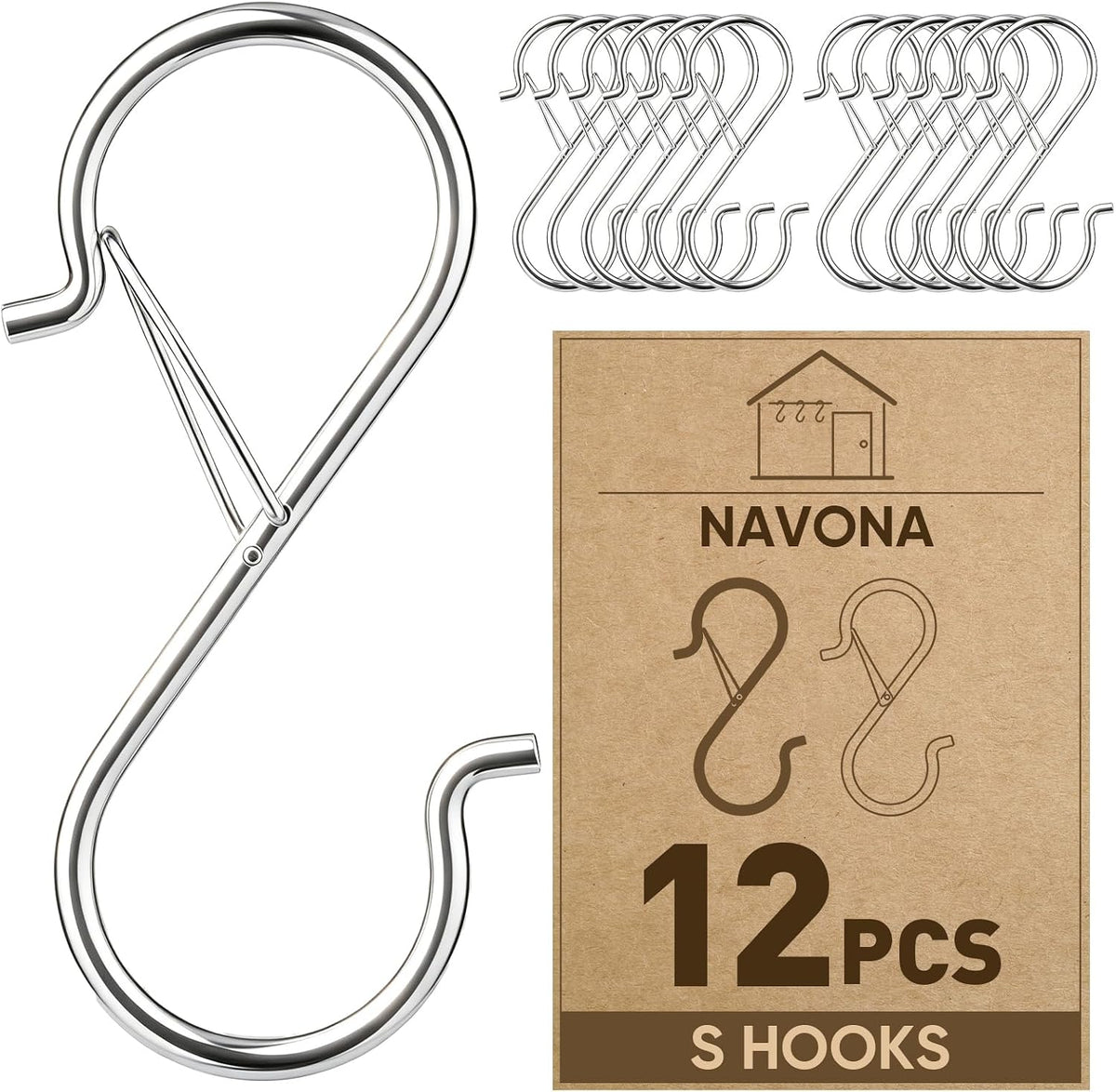 12 Pcs S Hooks for Hanging Heavy Duty, Metal S Hook with Safety Buckle